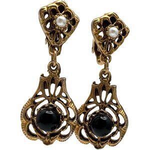 Vintage Gold-Tone Clip-On Earrings Black Bead White Faux Pearl Floral Filigree